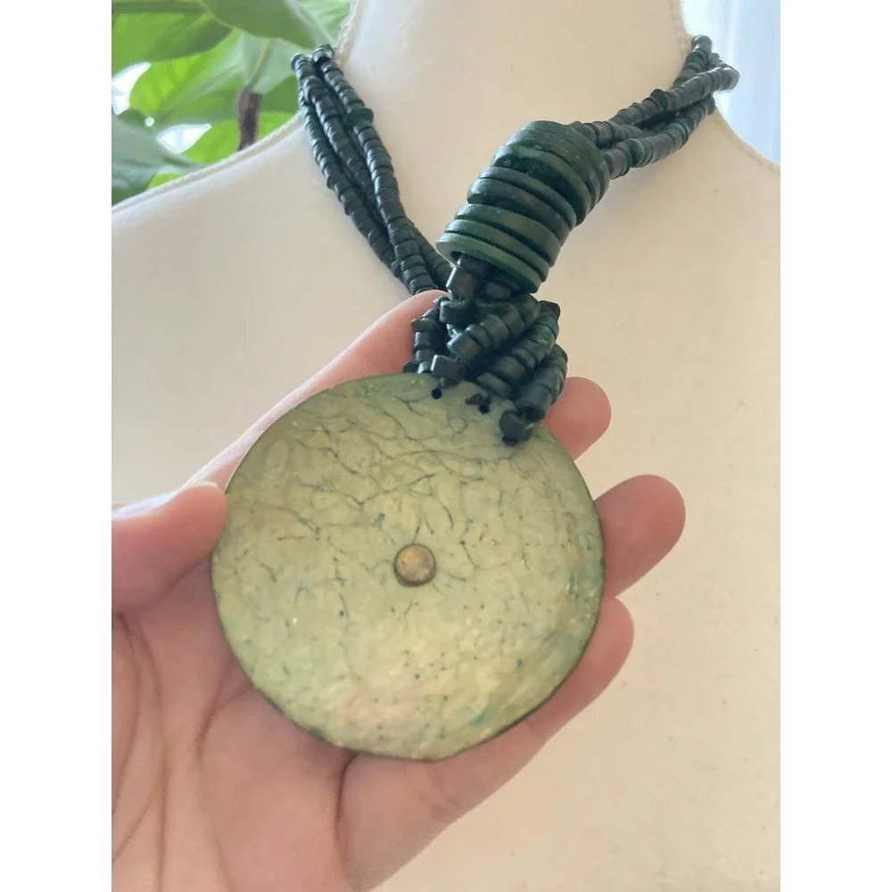 Boho Dark Green Disc Bead Necklace Oversized Round Pendant Tribal Artsy‎ Gypsy
